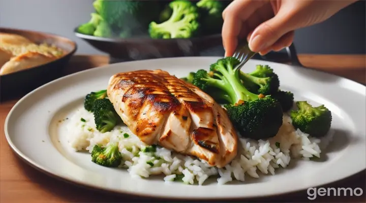 imagen Imagen de alguien disfrutando del plato terminado pechuga de pollo con brocolis verduras y como acompañamiento arroz