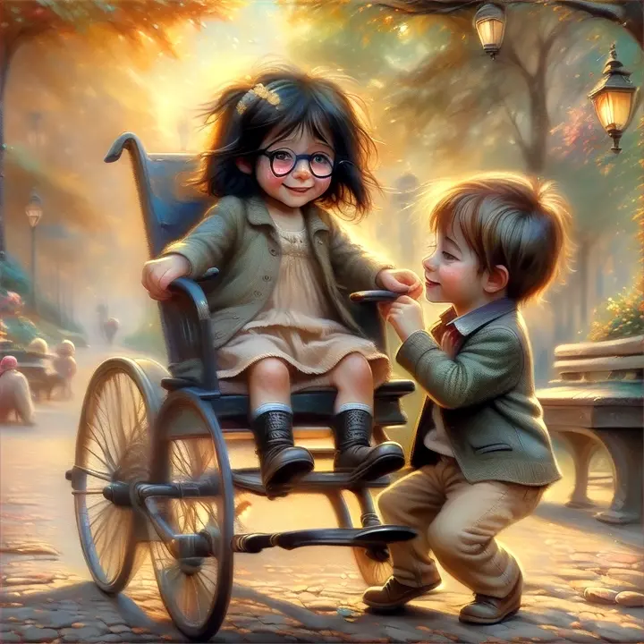 a painting of two children in a park