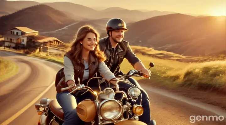 A couple on a vintage motorbike, winding down a dirt road through rolling hills with a warm, golden sunset in the distance