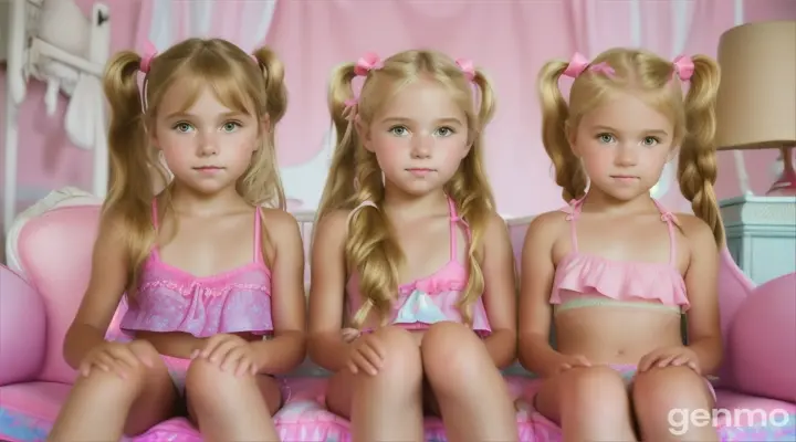 Three little girls, age 7 years old, 7 yo, bed, sit down, chair, pink beach wear bikini, shy, legs, bare feet, wide, feet up, blonde, pigtails, close up body
