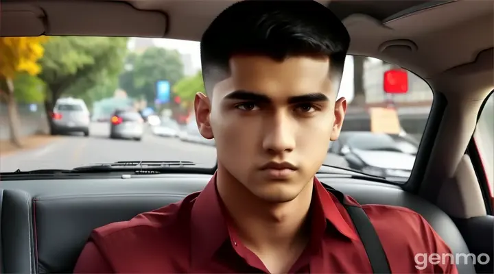 inside the car, a humble young man with buzz cut black hair in dark red long sleeve formal shirt carrying sitting at the back seat of the car driving at the middle of the city