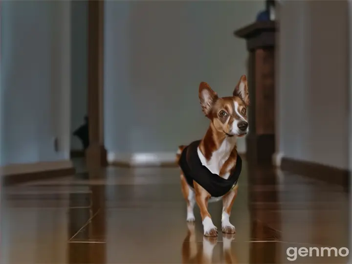 a small brown and white dog wearing a black shirt