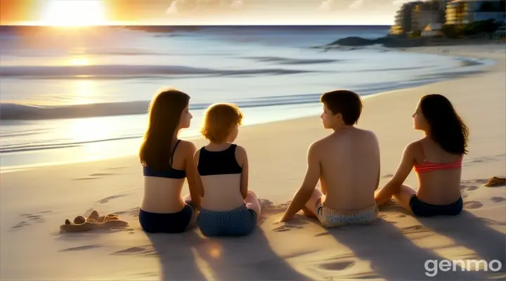 A family sitting on the sand of a beach, afraid of a security guard