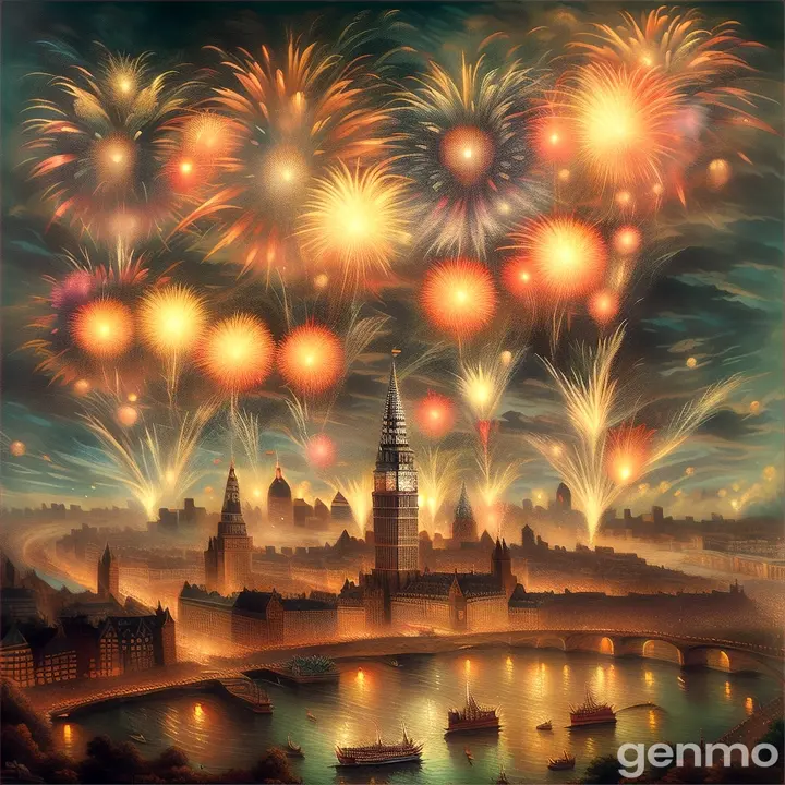 a painting of a fireworks over a city