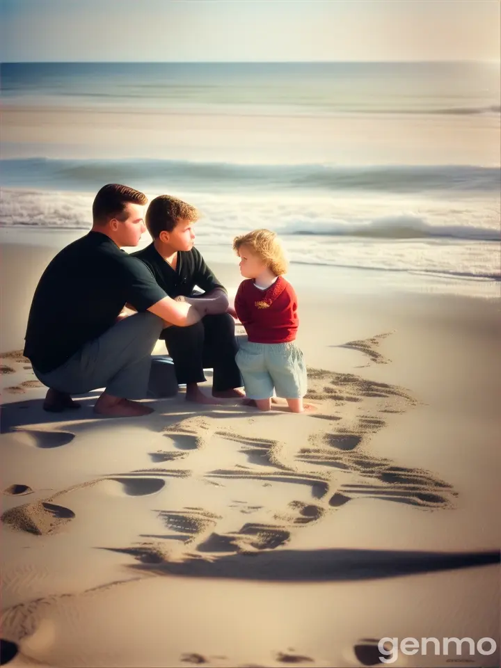 A family sitting on the sand of a beach, all sad.