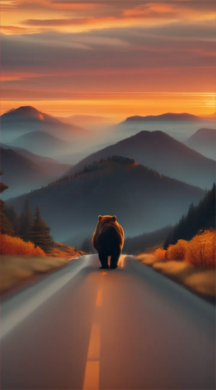 bear walking off into the sunset, the sky ablaze with colors.