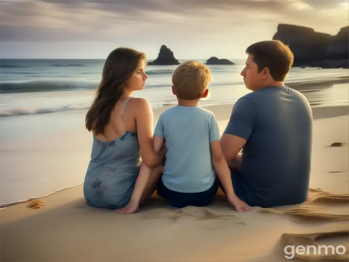 A family(father, mother and son) sitting on the sand of a beach, all sad.