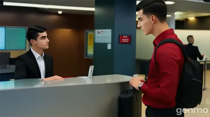 at the airport, a young man with buzz cut black hair in dark red long sleeve formal shirt and black trouser carrying a black backpack standing in front of the airport counter talking to a receptionist 