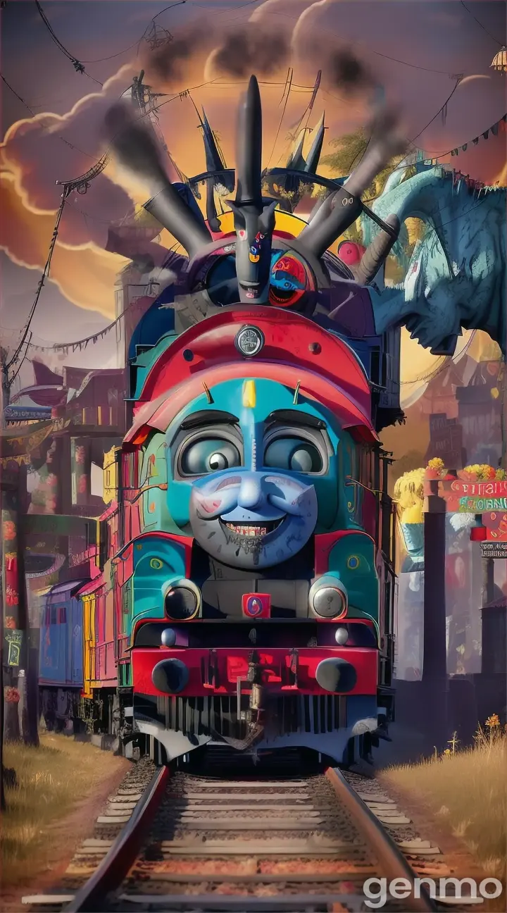 Create a THOMAS THE TRAIN with SHARP TEETH, bull horns background in candy land
zombie land