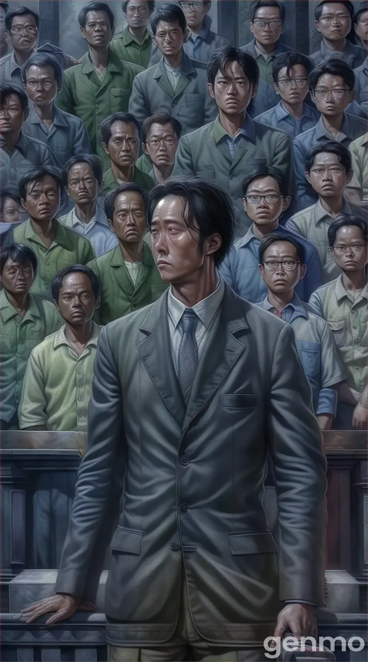 a painting of a man standing in front of a crowd of people