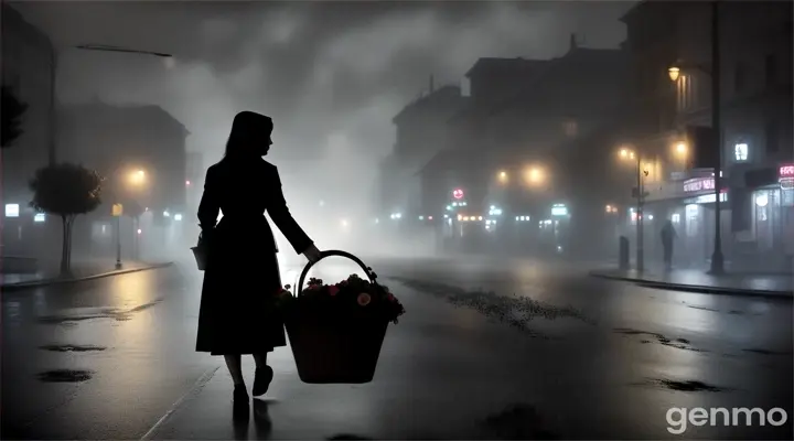 a woman picking black roses on a deserted street. night, fog, half light