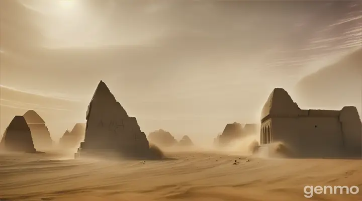 A sandstorm occurs in Luxor and some men are standing still. Terrifying 3D cinematic scene.