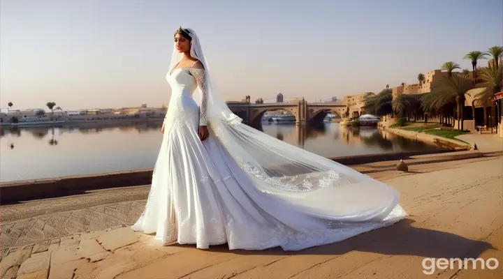 In a picturesque setting by the banks of the Nile, a modern Egyptian bride stands gracefully, embodying timeless beauty and elegance. She wears a stunning white gown with a modest, high neckline and long sleeves, intricately detailed with delicate lace and beadwork. The dress fits her perfectly, flowing down to a sweeping train that gently kisses the ground.

Surrounding her are vibrant, colorful flowers and tall, majestic palm trees, their fronds swaying gently in the breeze. The serene waters of the Nile provide a tranquil backdrop, reflecting the soft golden light of the setting sun.

Her long, white veil dances in the air, caught by the playful breeze, creating an ethereal aura around her. She stands poised and serene, a vision of bridal perfection, with the lush greenery and the timeless river enhancing her radiant beauty. full hd 