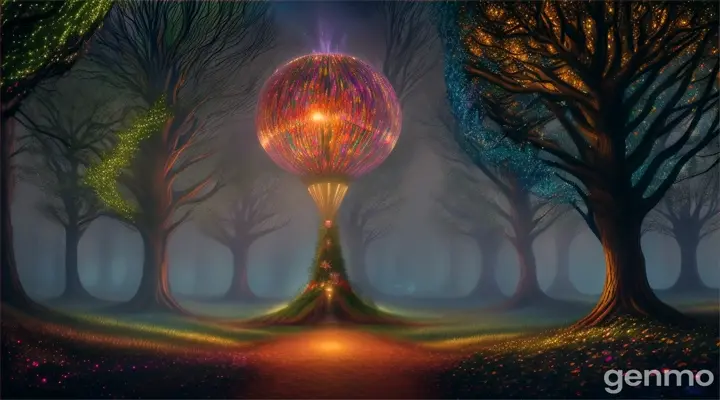 An enchanted forest at night with a large disco ball in the center casting light on an array of woodland creatures
