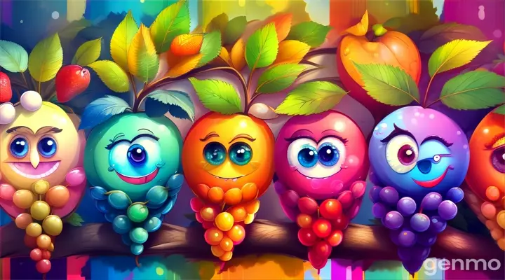 a group of colorful fruit with eyes on them smiling face