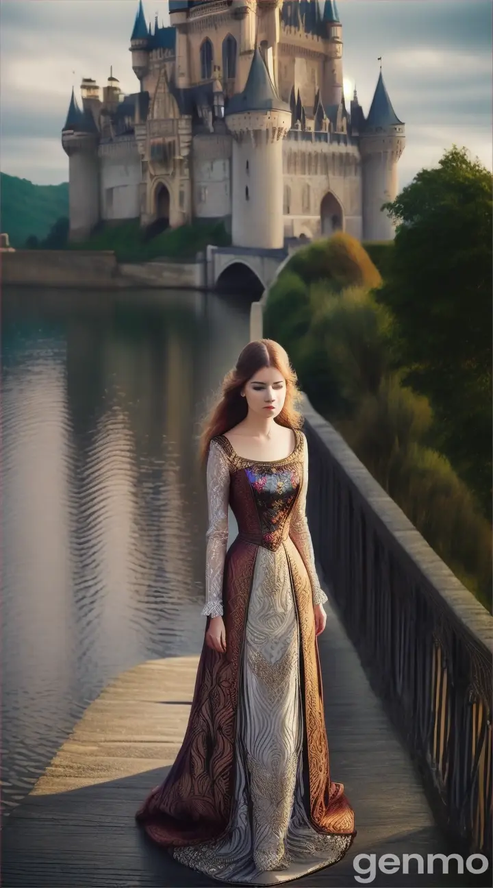 a beautiful sad woman in a fluffy dress stands on the bridge in front of the castle