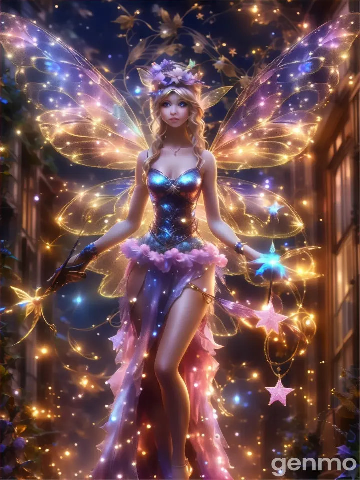 a woman dressed as a fairy holding a wand