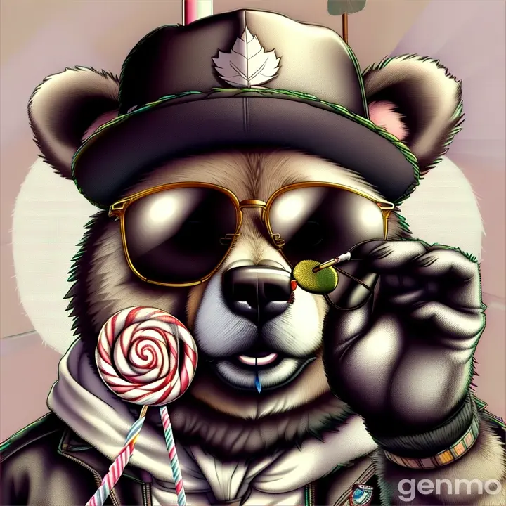 a bear with sunglasses and a hat holding a lollipop