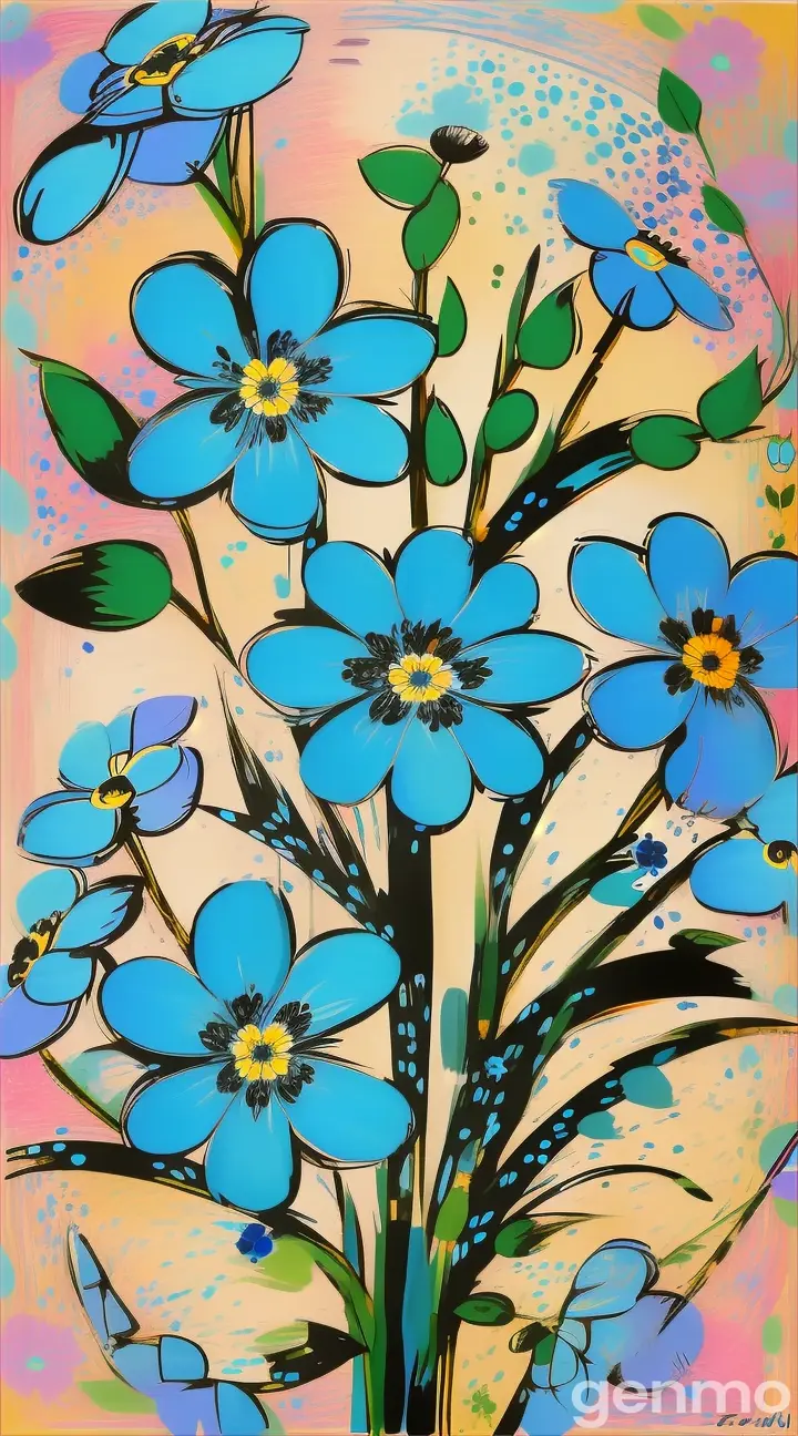 ___. Drawing: a bright bright day, stylized forget-me-nots in the style of Picasso against the background of the sun and sky, a small heart (large strokes with strokes, strokes, blots). On an abstract pop art background with blots and strokes.  Рисунок: яркий светлый день, стилизованные незабудки в стиле Пикассо на фоне солнца и неба, маленькое сердечко (крупными мазками с обводкой, штрихами, кляксами). На абстрактном поп-арт фоне с кляксами и штрихами.