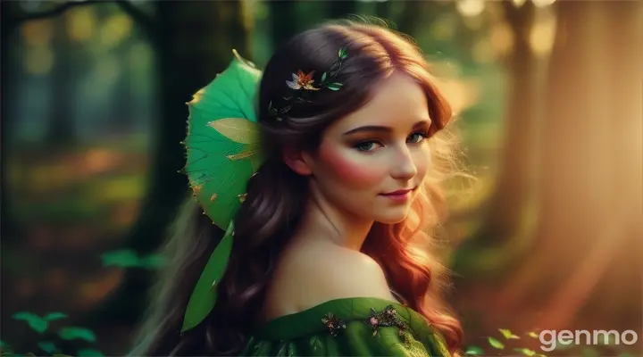 a beautiful  fairy siting  on a large, vibrant leaf. Her hair glows brightly, illuminating the leaf and casting a soft light on the surrounding forest.