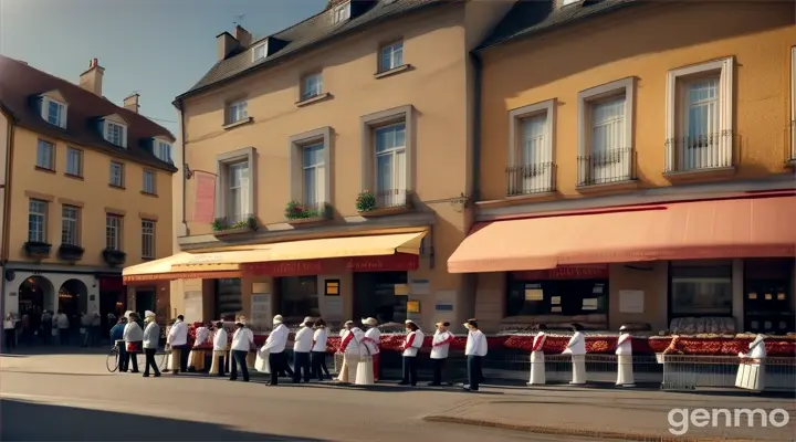  A scene showing the baker's relief and joy as he happily sells bread for half the price, while customers eagerly line up to make their purchases.
