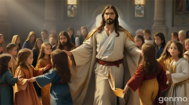 Jesus Christ Jews glorious dressed surrounding by kids