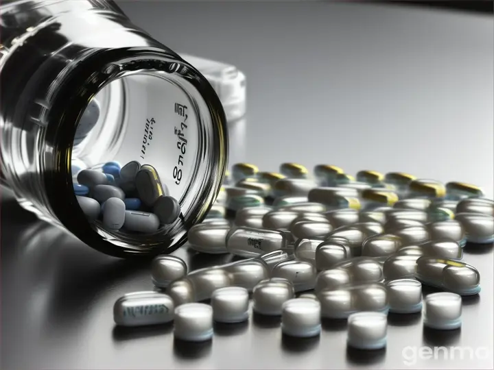 A few pills is laying on a table next to its bottle