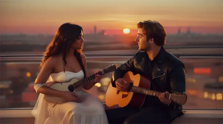 On a terrace of a house at sunset A man and a woman in love. Objects present in the scene a guitar, city skyline. Description: A man stands on a terrace and plays the guitar with the city skyline and a beautiful sunset in the background. The woman he loves approaches him, their eyes meet, capturing the beginning of their wild love story.