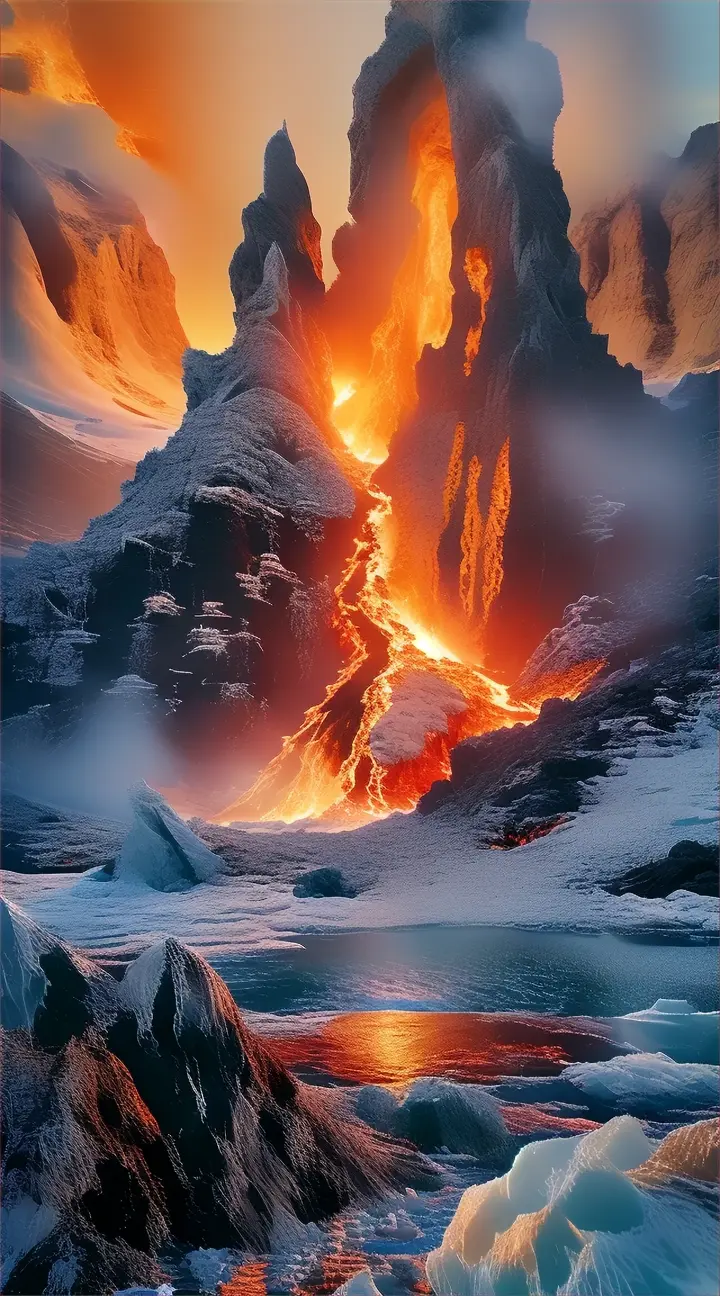 a mountain covered in ice and lava next to a body of water