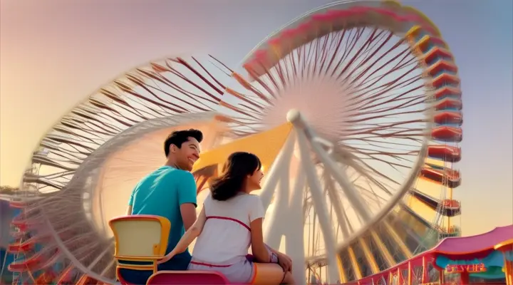 Location: Amusement park Characters: A man and a woman in love. Objects: Ferris wheel and cotton candy.  Description: The man and woman in love playfully chase each other during a sunny afternoon, laughing and sharing moments on rides and eating cotton candy, embodying the wild and carefree nature of their love.