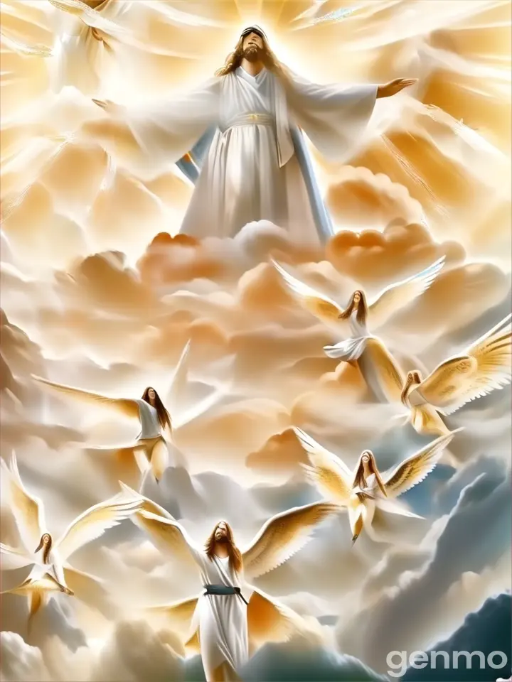 a painting of jesus surrounded by angels in the sky