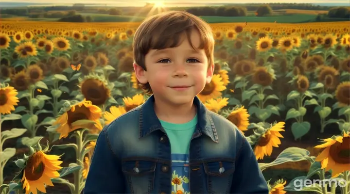 A 4 year animated  boy in jeans jacket  with small brown cow sunflower field 