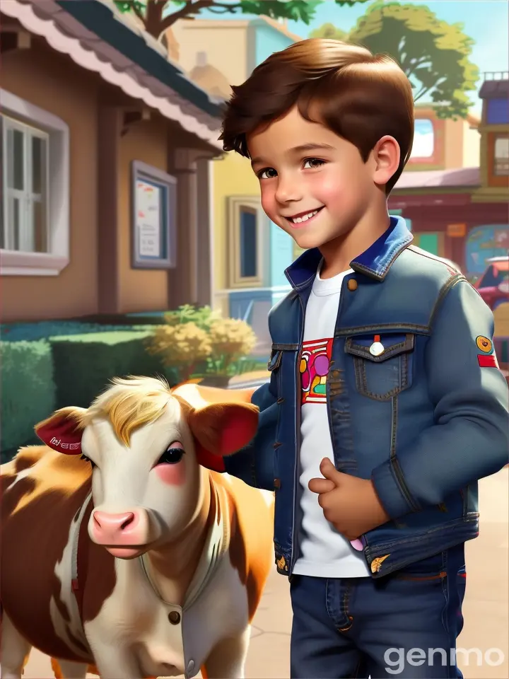 A 4 year animated  boy in jeans jacket  with small brown cow