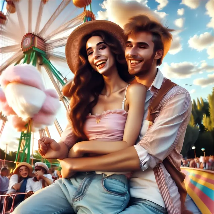 Location: Amusement park Characters: A man and a woman in love. Objects: Ferris wheel and cotton candy. Description: The man and woman in love playfully chase each other during a sunny afternoon, laughing and sharing moments on rides and eating cotton candy, embodying the wild and carefree nature of their love.