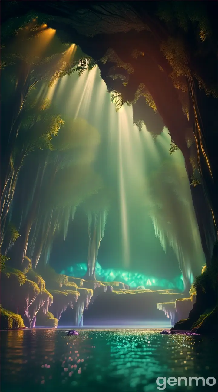 A mystical forest scene with a crystal cave entrance in the background and a pool of glimmering water in the foreground 