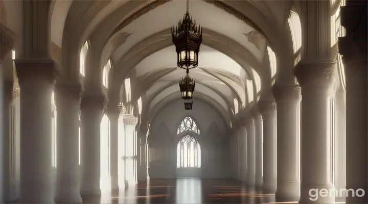 the gigantic white corridor of a white gothic castle with big windows, white columns and white blinding lights