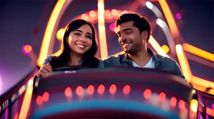 Location: Amusement park at night. Characters: A man and woman in love. Objects: Roller coaster and lights. Description: The man and the woman in love ride a roller coaster at night, the thrill and excitement reflecting the intensity of their love, with lights illuminating their joyful faces.