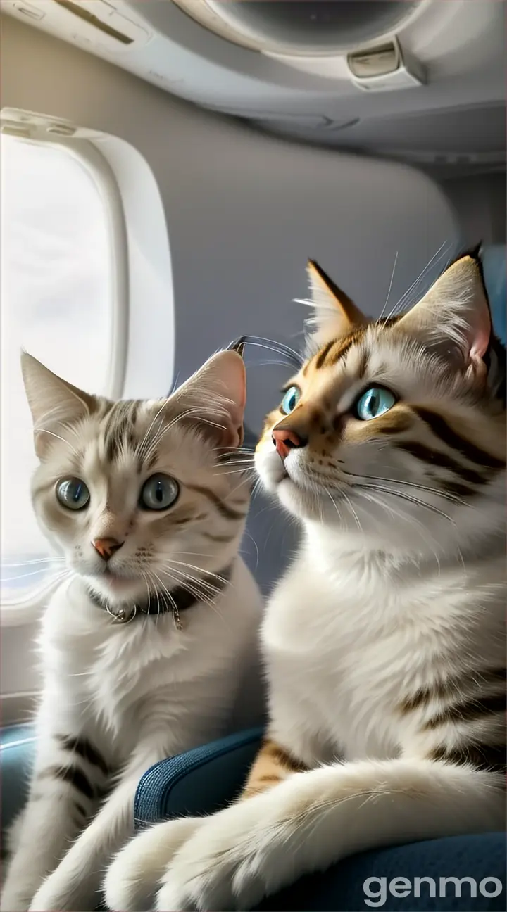 The style is cineA white traveling cat and her kitten are sitting in comfortable chairs in the spacious cabin of a modern airplane.
The cat is elegant and aristocratic. Her snow-white fur shimmers in the light, and her sapphire eyes radiate excitement, she is dressed in a stylish suit made of white linen, complemented by a thin gold chain with a pendant.The little kitten is dressed in a blue sailor suit, with the same snow-white fur and a mischievous sparkle in her sapphire eyes. 
The style is cinematic and animated, close to realism.