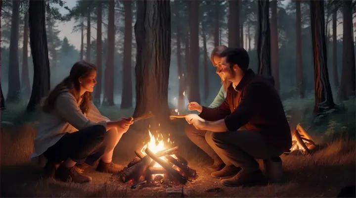Location: Campfire in the woods. Characters: A man and woman in love and their friends. Objects: Firewood and marshmallows and tents. Description: The man and the woman in love sit close by a campfire in the woods, surrounded by friends, their love burning brightly in the night as they share stories and roast marshmallows.