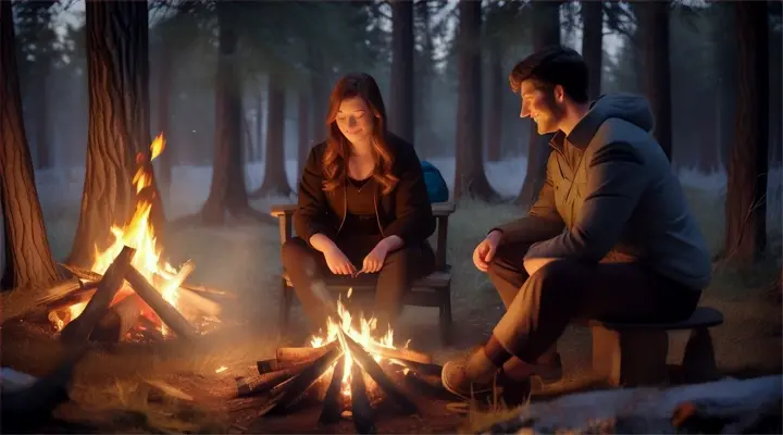 Location: Campfire in the woods. Characters: A man and woman in love and their friends. Objects: Firewood and marshmallows and tents. Description: The man and the woman in love  sit close by a campfire in the woods, surrounded by friends, their love burning brightly in the night as they share stories and roast marshmallows.