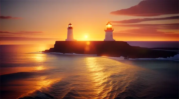 Location: Lighthouse on a cliff Characters: A man and woman in love Objects: Lighthouse and sea and stars Description: The man and the woman in love stand by a lighthouse on a cliff, the light guiding them through the dark, symbolizing the love that leads them through life's challenges.