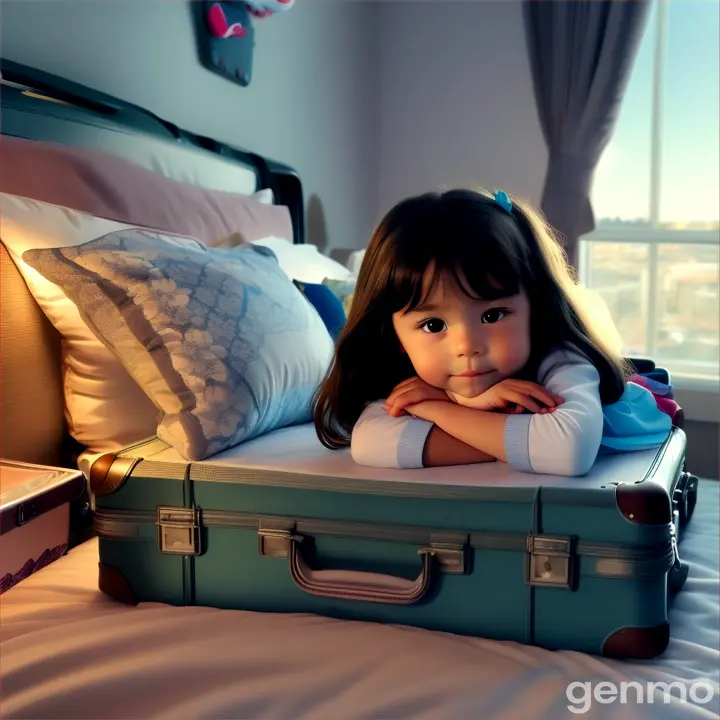 a little girl laying in bed with a suitcase