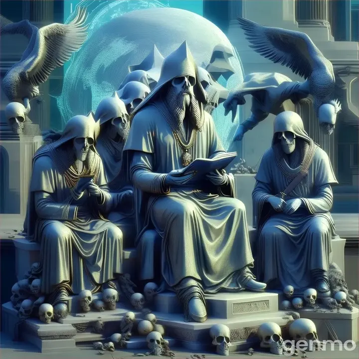 a group of statues sitting on top of a pile of skulls