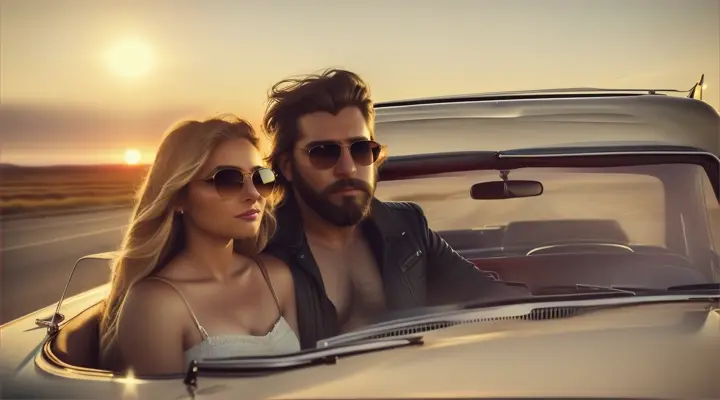 Location: Open road. Characters: A man and a woman in love Objects: Vintage convertible and sunglasses. Description: The man and the woman in love drive down an open road in a vintage convertible, wind in their hair, feeling wild and free as they embark on an adventure together.