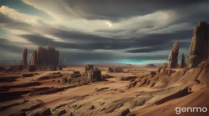 A surreal, post-nuclear blast landscape, with jagged rocks and ominous clouds, where radioactive hues bathe the sky