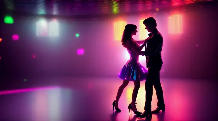 Location: Nightclub. Characters: A man and a woman in love. Objects: Disco ball and flashing lights. Description: In a vibrant nightclub, the man and the woman in love dance wildly under a disco ball, lost in the music and each other, embodying the wild energy of their love.