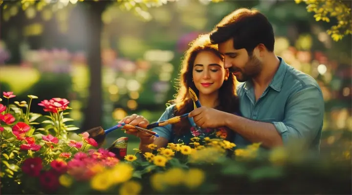 Location: Urban rooftop garden. Characters: A man and a woman in love Objects: Plants and  garden tools and  paint. Description: The man and the woman in love create a colorful mural together in an urban rooftop garden, paint splatters everywhere, celebrating their creative and chaotic love.