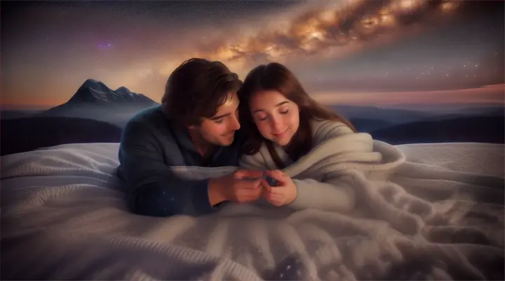 Location: Starry field. Characters: A man and a woman in love. Objects: Telescope and blanket. Description: Under a starry sky, the man and the woman in love lie on a blanket with a telescope, pointing out constellations, their love guiding them through the vastness of the universe.