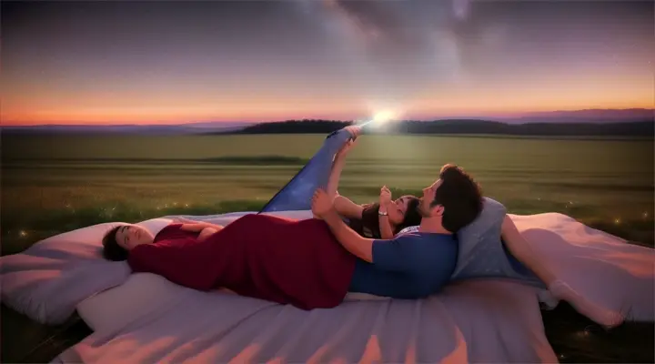 Location: Starry field. Characters: A man and a woman in love. Objects: Telescope and  blanket. Description: Under a starry sky, the man and the woman in love  lie on a blanket with a telescope, pointing out constellations, their love guiding them through the vastness of the universe.