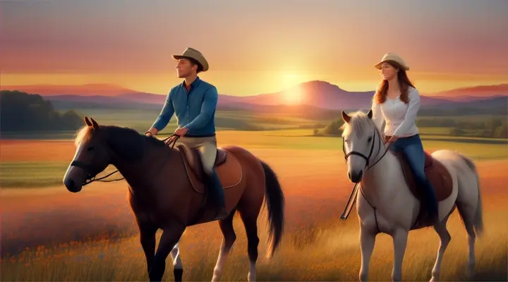 Location: Open countryside. Characters: A man and a woman in  love. Objects: Horses and  wildflowers. Description: The man and the woman in love  ride horses through an open countryside filled with wildflowers, feeling the freedom and wildness of their untamed love.